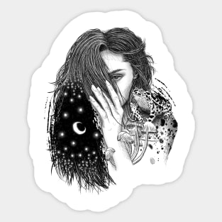 Woman Portrait, Night Sky and Frogs, Mushrooms, Stars Sticker